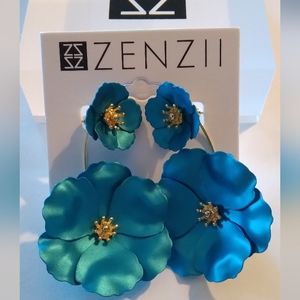 Turquoise Metallic/18K Gold 3D Handpainted Floral Earrings (2-in-1)